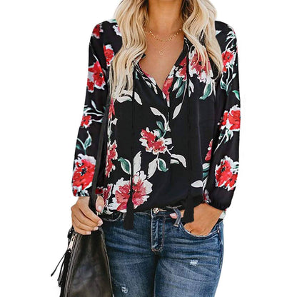 Women's Casual Boho Floral Print V Neck Long Sleeve Shirts Tops DailySale