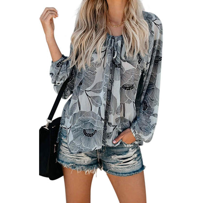 Women's Casual Boho Floral Print V Neck Long Sleeve Shirts Tops DailySale