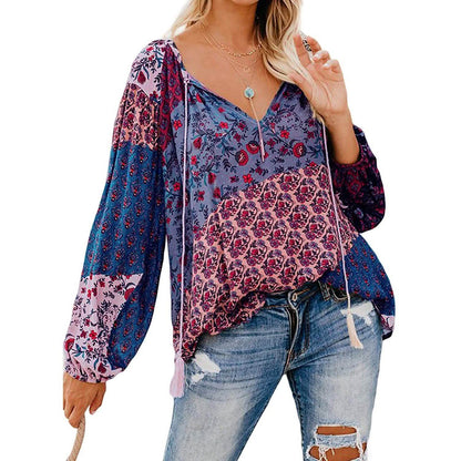 Women's Casual Boho Floral Print V Neck Long Sleeve Shirts Tops DailySale
