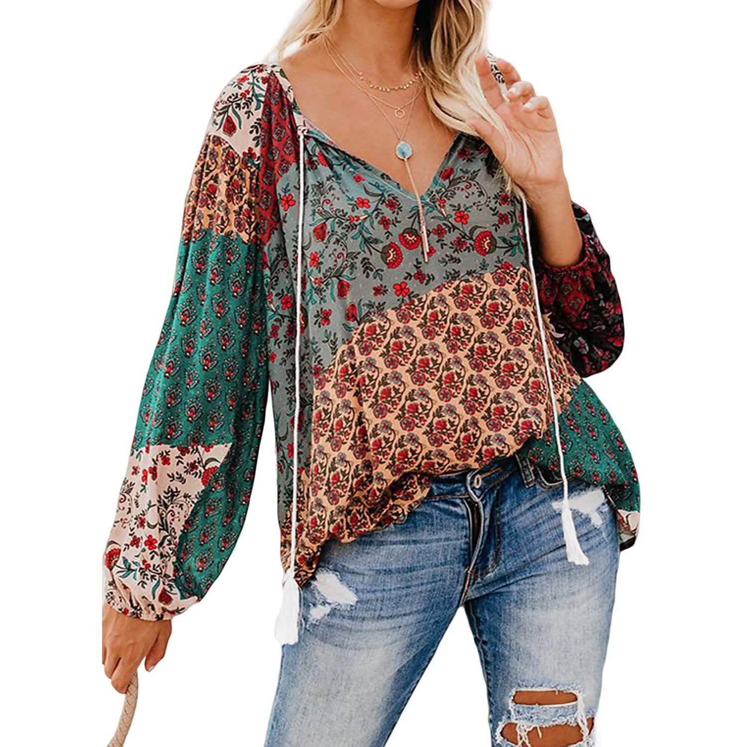 Women's Casual Boho Floral Print V Neck Long Sleeve Shirts Tops DailySale