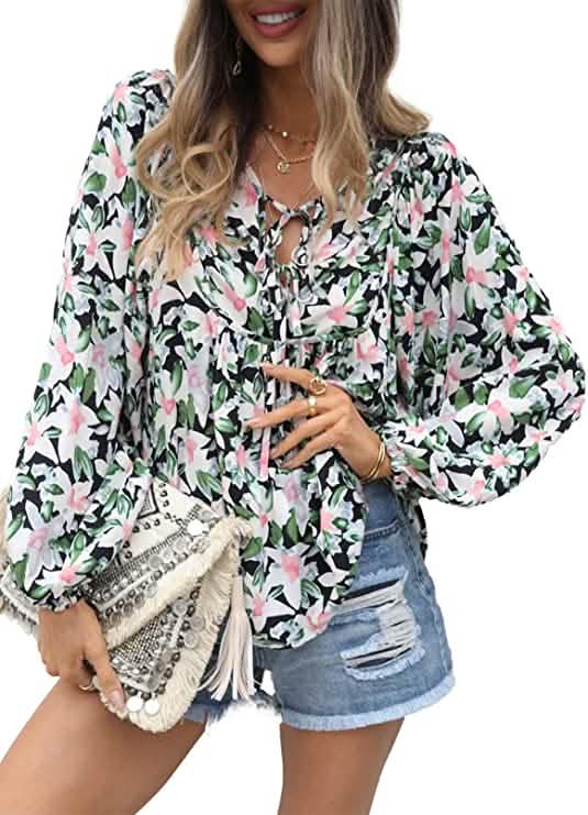 Women's Casual Boho Floral Print V Neck Long Sleeve Top DailySale