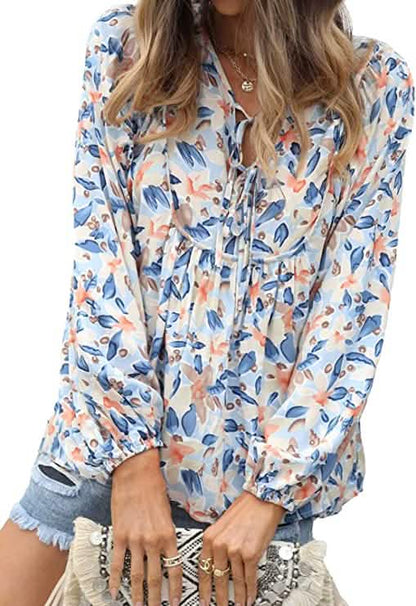 Women's Casual Boho Floral Print V Neck Long Sleeve Top DailySale