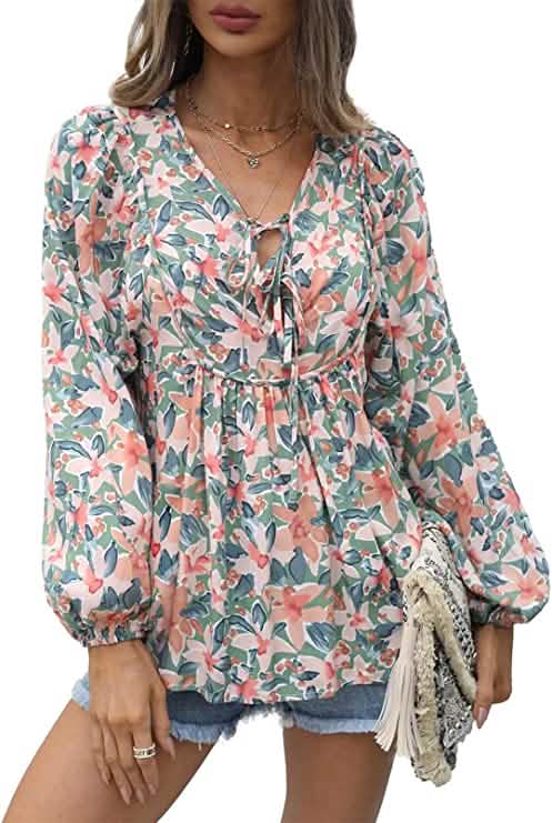 Women's Casual Boho Floral Print V Neck Long Sleeve Top DailySale