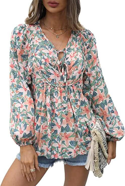 Women's Casual Boho Floral Print V Neck Long Sleeve Top DailySale