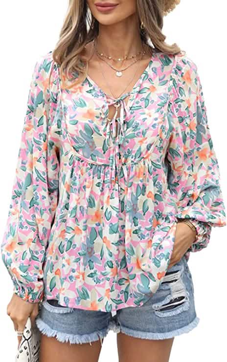 Women's Casual Boho Floral Print V Neck Long Sleeve Top DailySale
