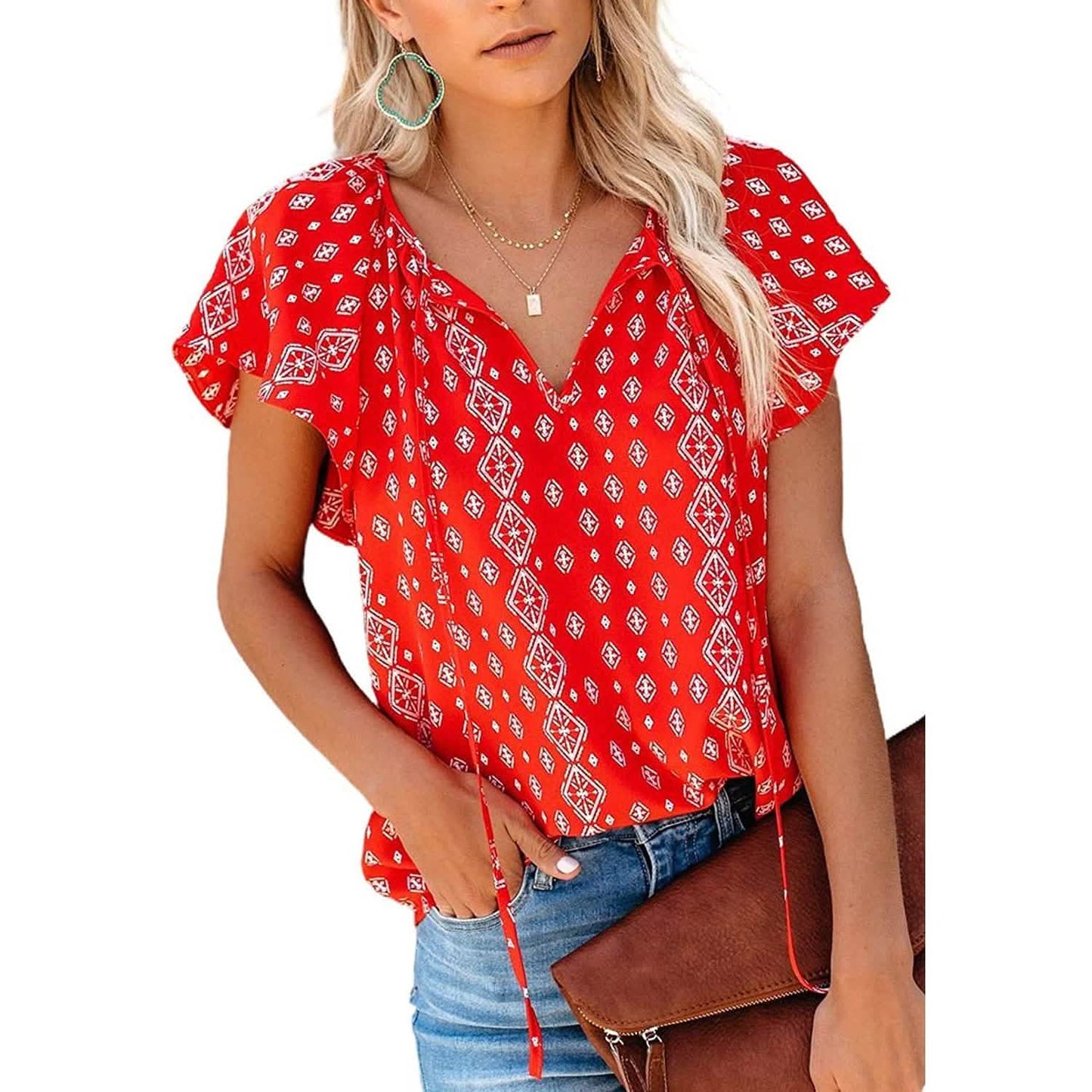 Women's Casual Boho Floral Printed V Neck Tops Drawstring Blouse DailySale