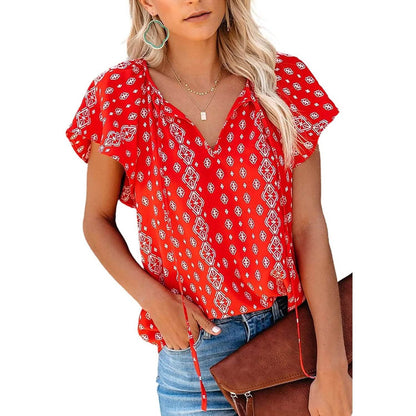 Women's Casual Boho Floral Printed V Neck Tops Drawstring Blouse DailySale