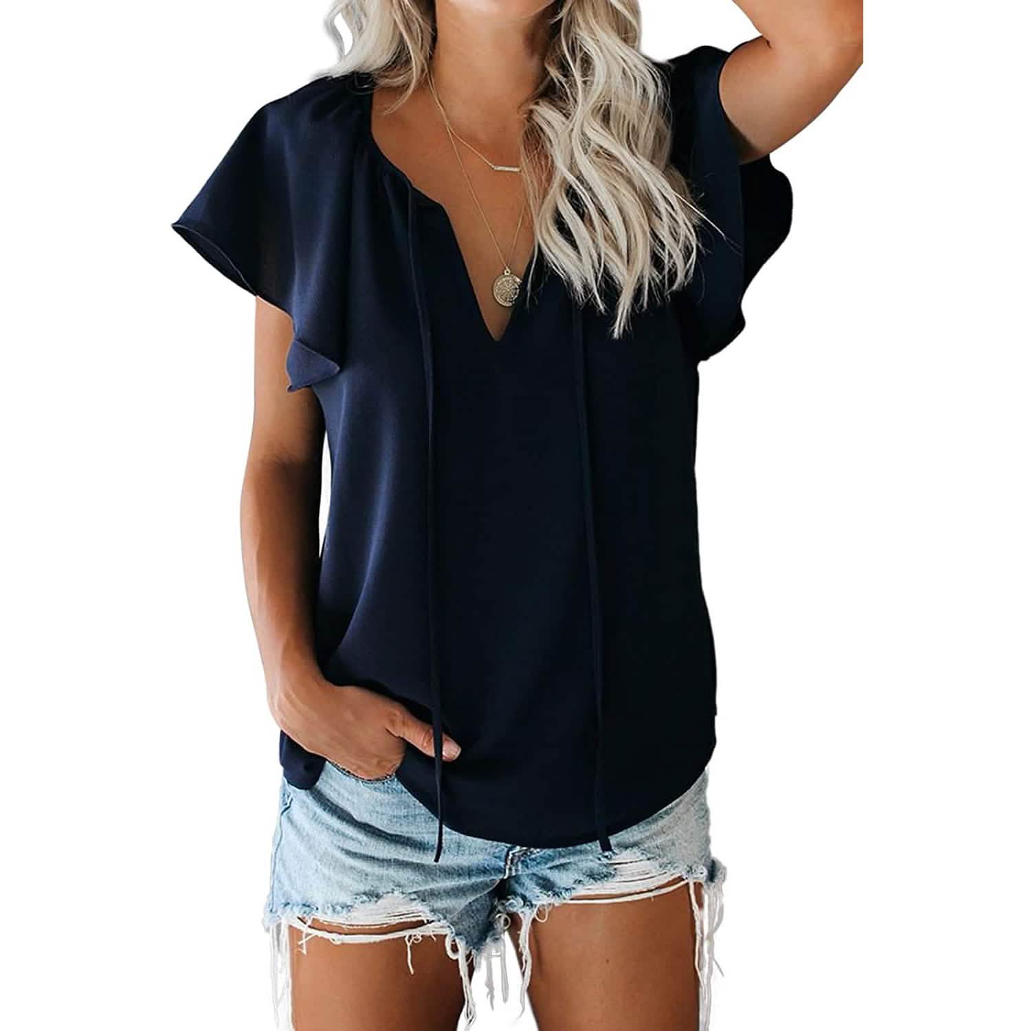 Women's Casual Boho V Neck Tops Drawstring T Shirt DailySale