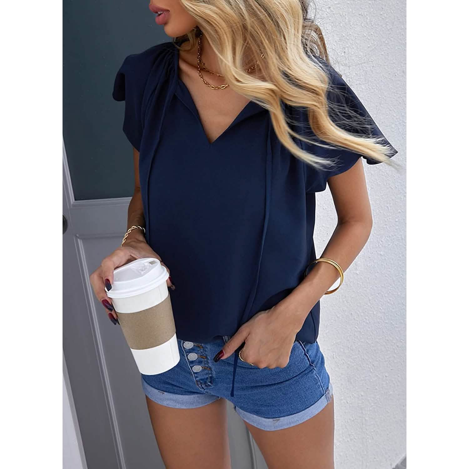 Women's Casual Boho V Neck Tops Drawstring T Shirt DailySale