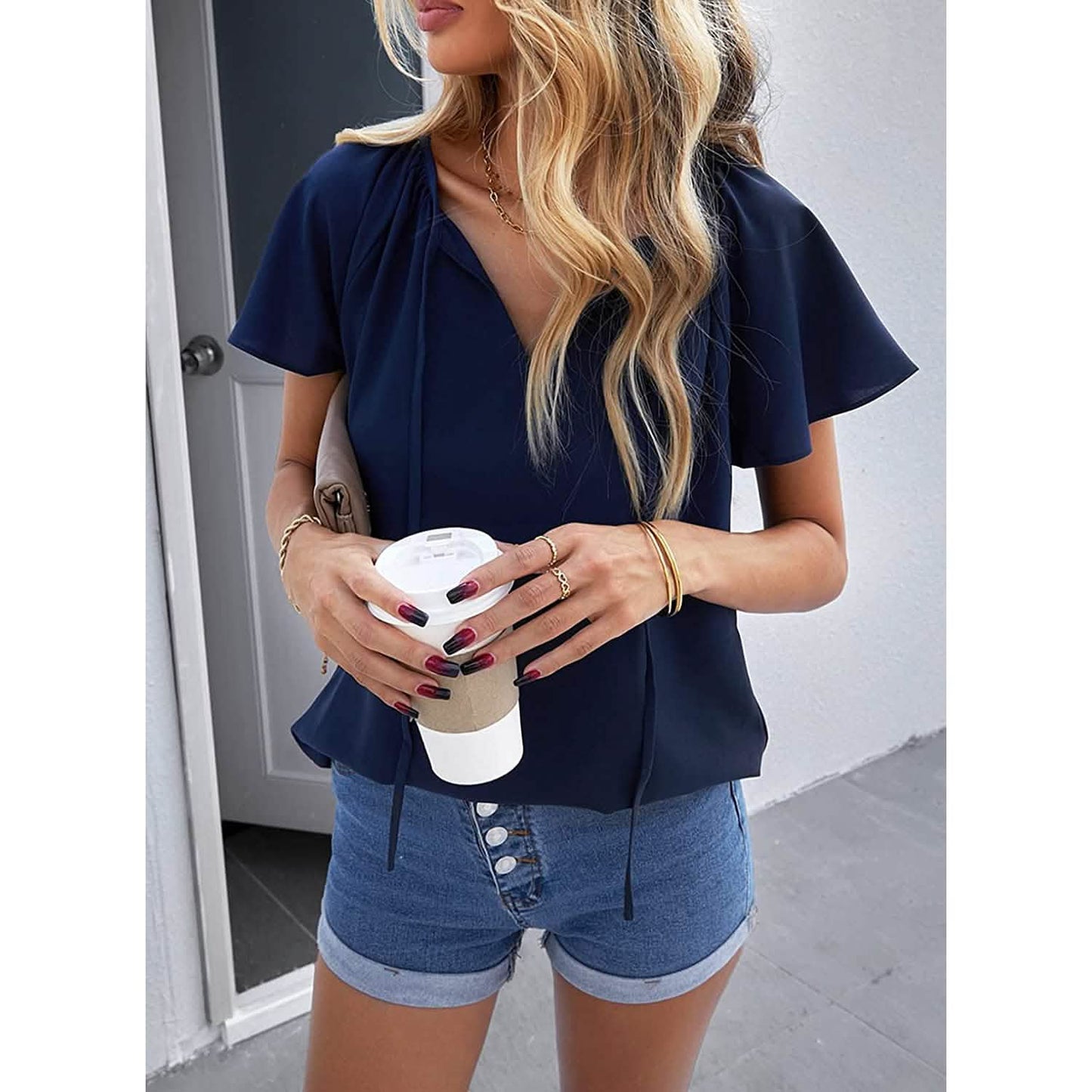 Women's Casual Boho V Neck Tops Drawstring T Shirt DailySale