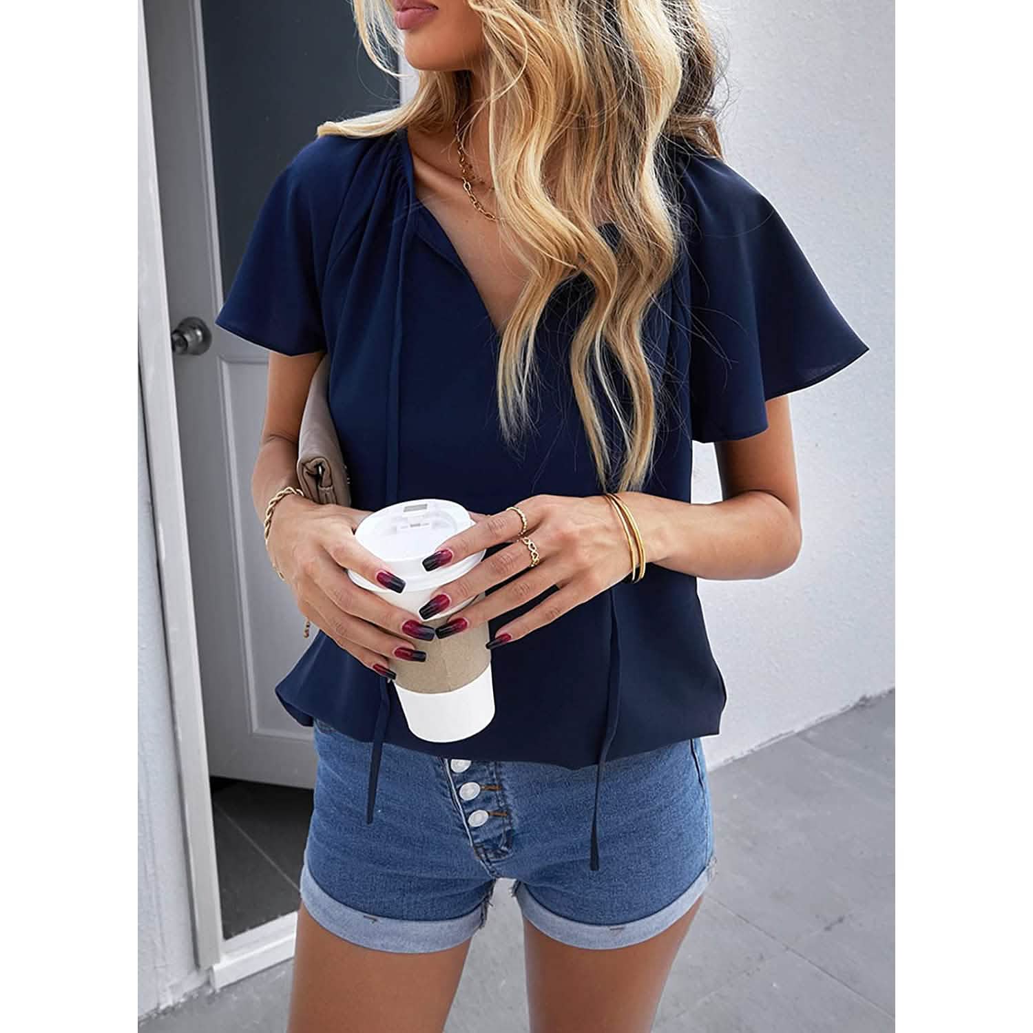 Women's Casual Boho V Neck Tops Drawstring T Shirt DailySale