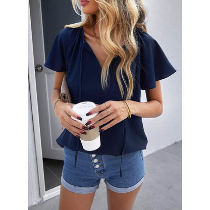Women's Casual Boho V Neck Tops Drawstring T Shirt DailySale