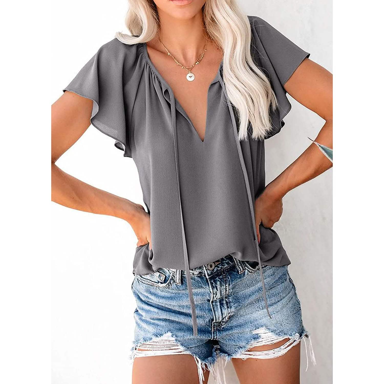 Women's Casual Boho V Neck Tops Drawstring T Shirt DailySale