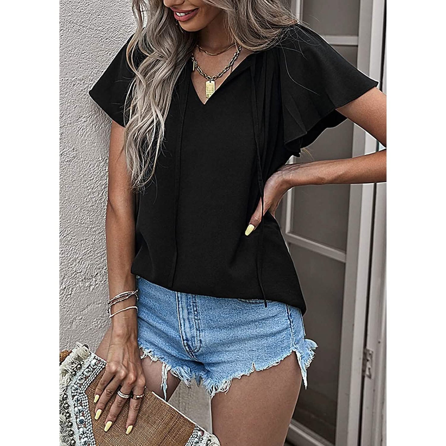 Women's Casual Boho V Neck Tops Drawstring T Shirt DailySale