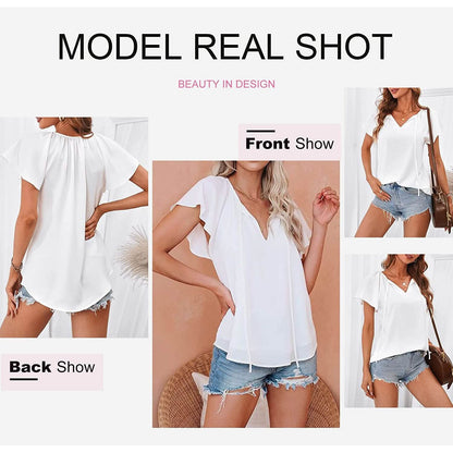 Women's Casual Boho V Neck Tops Drawstring T Shirt DailySale
