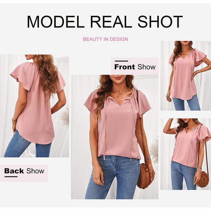 Women's Casual Boho V Neck Tops Drawstring T Shirt DailySale