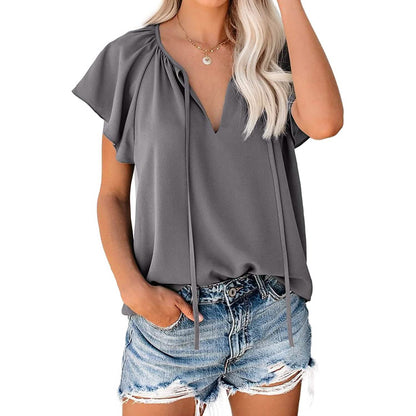 Women's Casual Boho V Neck Tops Drawstring T Shirt DailySale