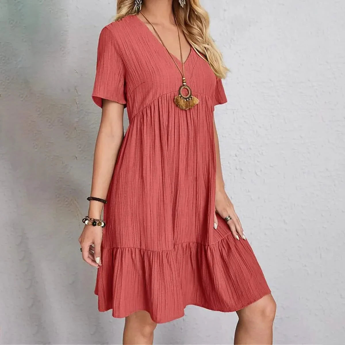 Women's Casual Dress Ruffle V Neck Midi Shift Dress DailySale