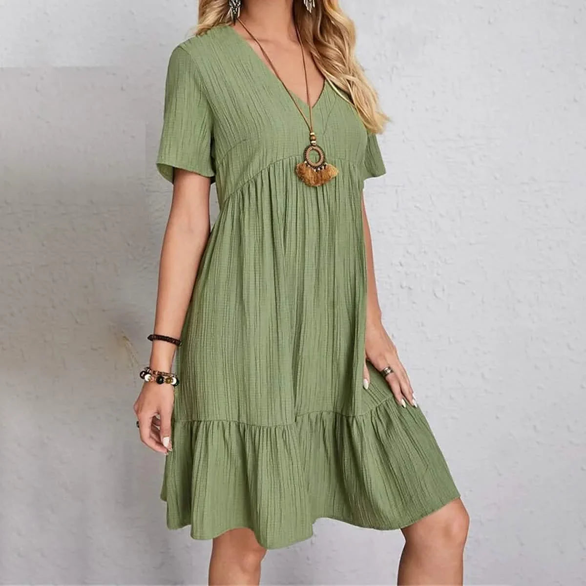 Women's Casual Dress Ruffle V Neck Midi Shift Dress DailySale