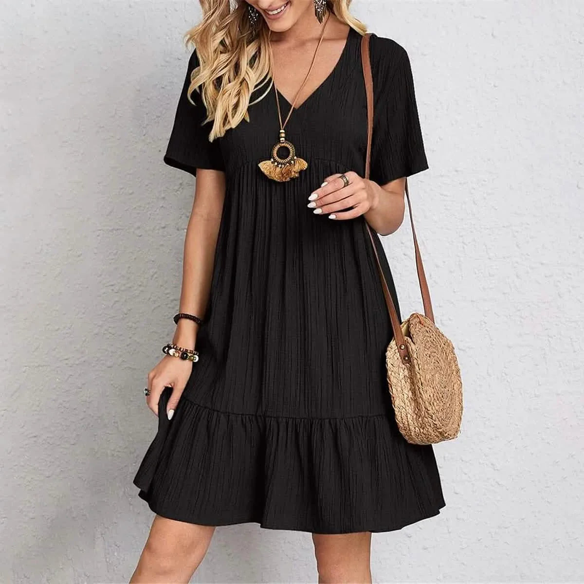 Women's Casual Dress Ruffle V Neck Midi Shift Dress DailySale