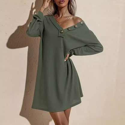 Women's Casual Dresses V-Neck Buttoned Hip Knitted Dresses DailySale