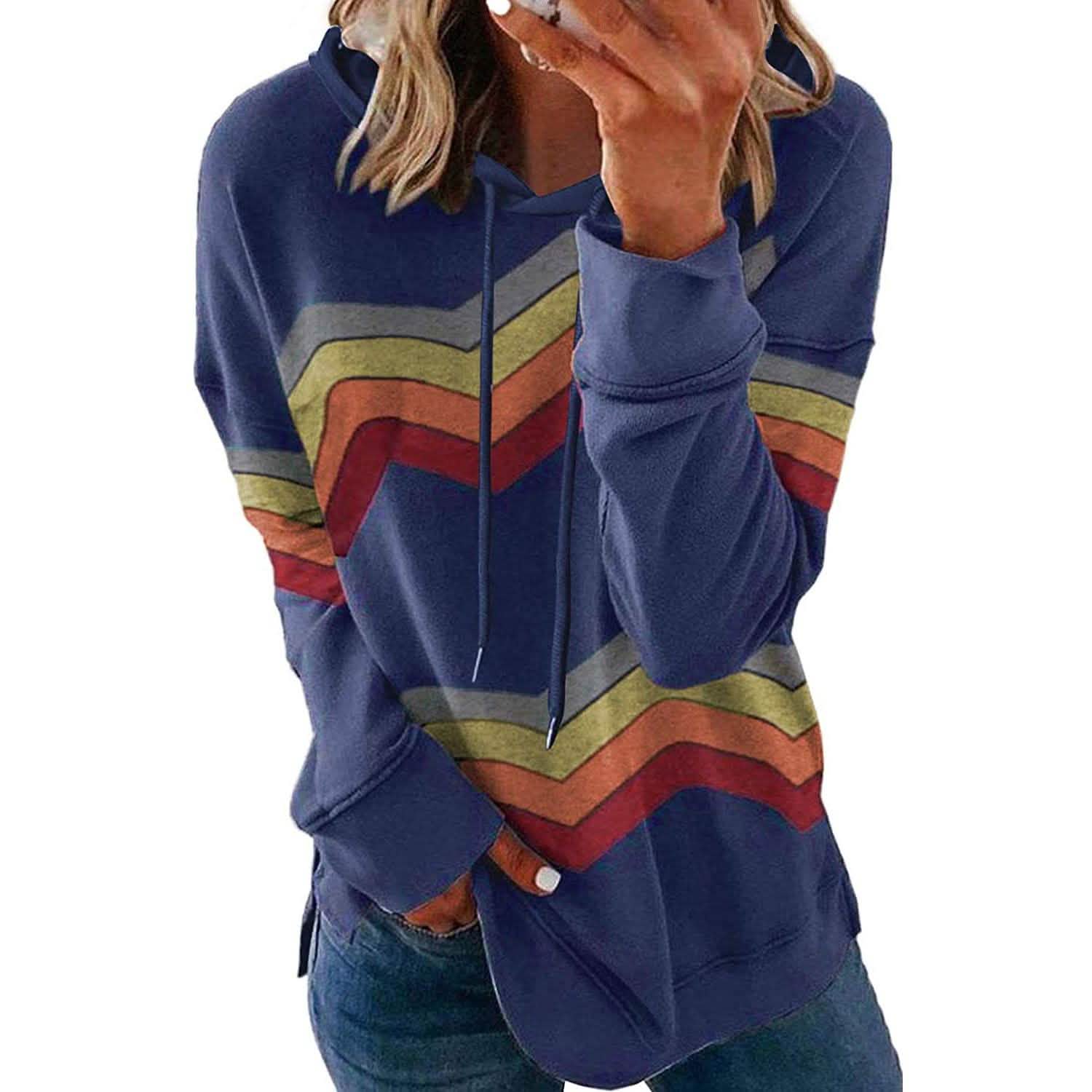 Womens Casual Hoodie Striped Printed Sweatshirts Long Sleeve Drawstring Pullover DailySale