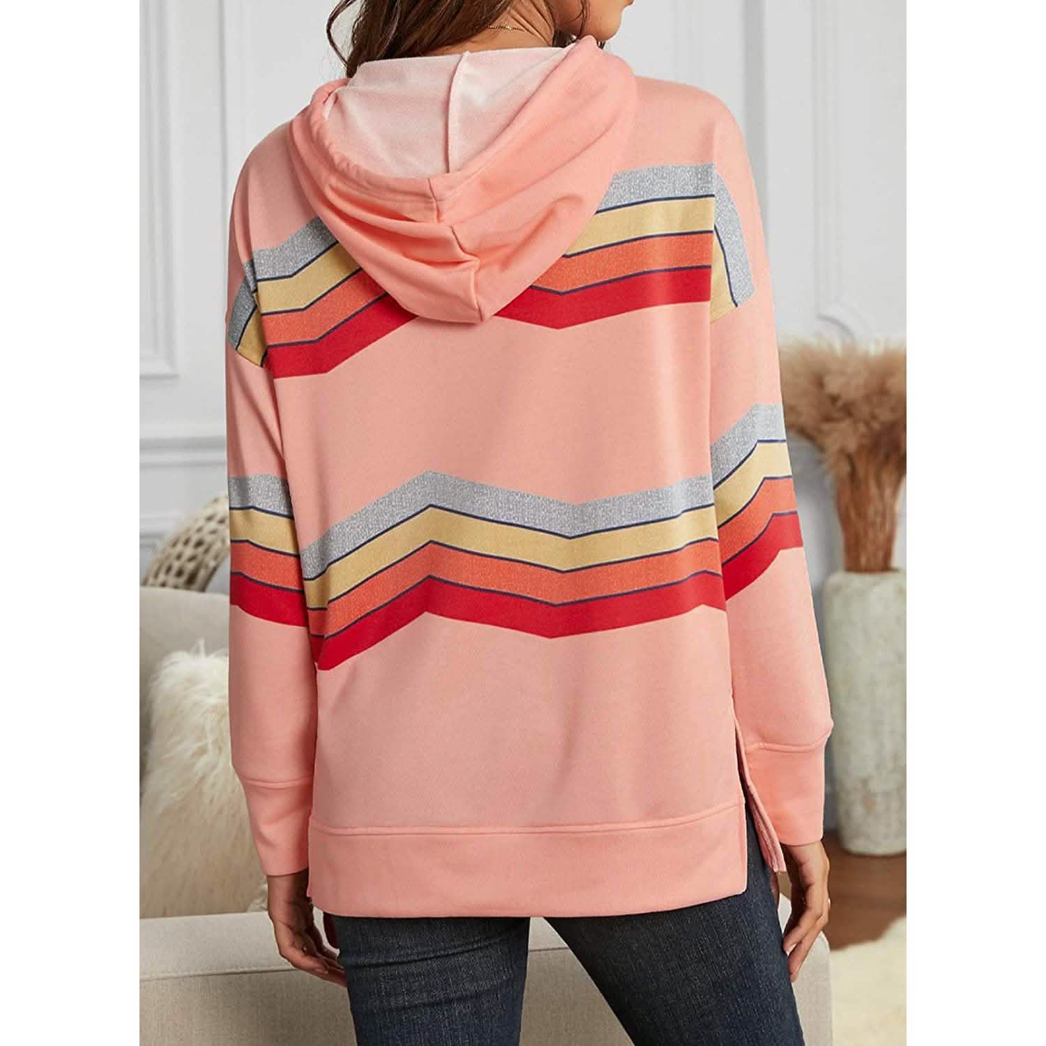 Womens Casual Hoodie Striped Printed Sweatshirts Long Sleeve Drawstring Pullover DailySale
