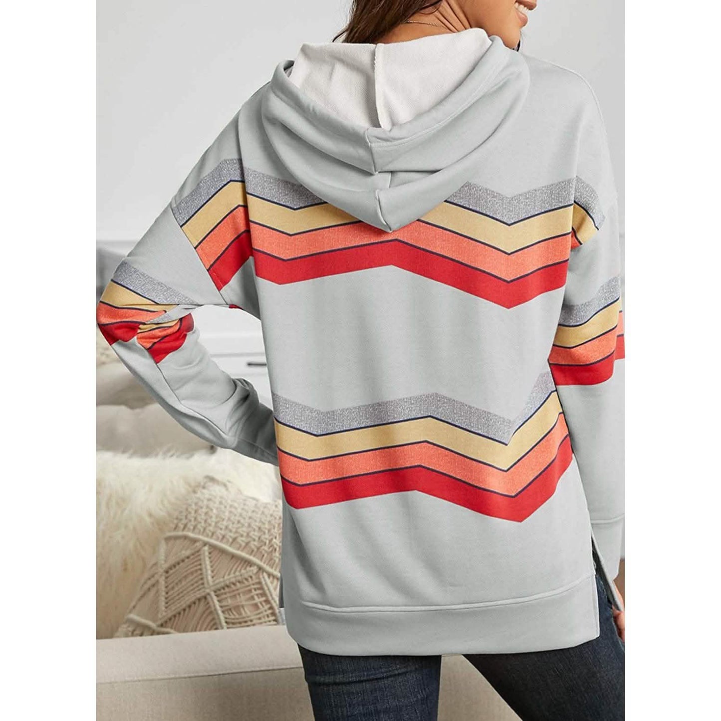 Womens Casual Hoodie Striped Printed Sweatshirts Long Sleeve Drawstring Pullover DailySale