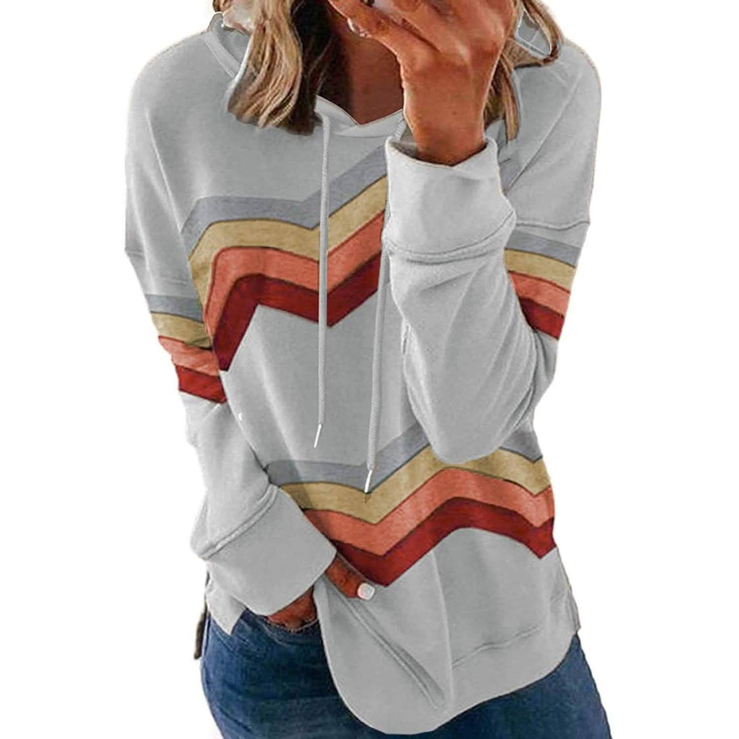 Womens Casual Hoodie Striped Printed Sweatshirts Long Sleeve Drawstring Pullover DailySale