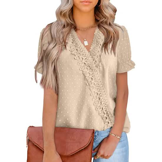 Women's Casual Lace Pom Pom V Neck Chiffon Short Sleeve Top DailySale
