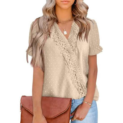 Women's Casual Lace Pom Pom V Neck Chiffon Short Sleeve Top DailySale