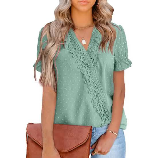 Women's Casual Lace Pom Pom V Neck Chiffon Short Sleeve Top DailySale