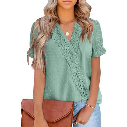 Women's Casual Lace Pom Pom V Neck Chiffon Short Sleeve Top DailySale