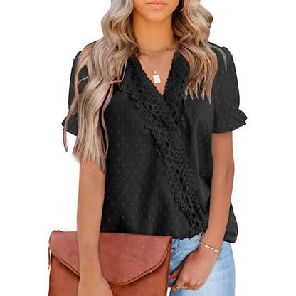 Women's Casual Lace Pom Pom V Neck Chiffon Short Sleeve Top DailySale