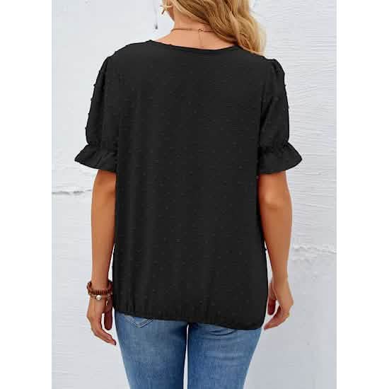 Women's Casual Lace Pom Pom V Neck Chiffon Short Sleeve Top DailySale