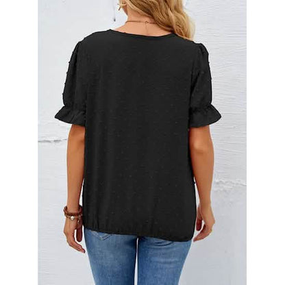 Women's Casual Lace Pom Pom V Neck Chiffon Short Sleeve Top DailySale