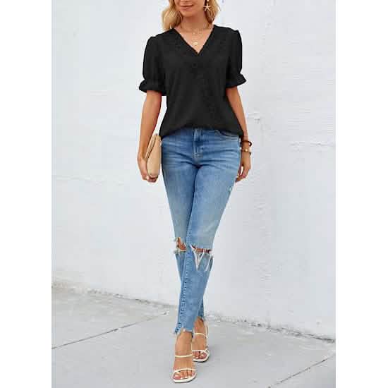 Women's Casual Lace Pom Pom V Neck Chiffon Short Sleeve Top DailySale