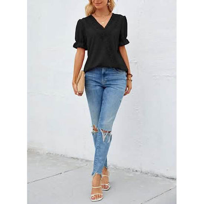 Women's Casual Lace Pom Pom V Neck Chiffon Short Sleeve Top DailySale