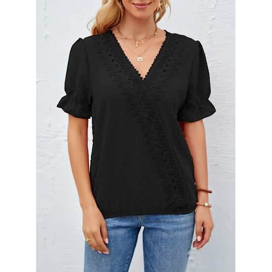 Women's Casual Lace Pom Pom V Neck Chiffon Short Sleeve Top DailySale