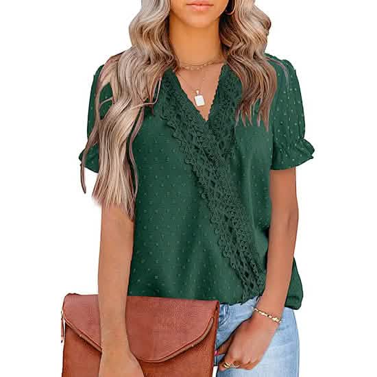 Women's Casual Lace Pom Pom V Neck Chiffon Short Sleeve Top DailySale