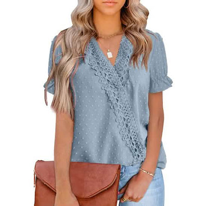 Women's Casual Lace Pom Pom V Neck Chiffon Short Sleeve Top DailySale