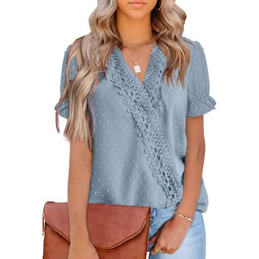 Women's Casual Lace Pom Pom V Neck Chiffon Short Sleeve Top DailySale