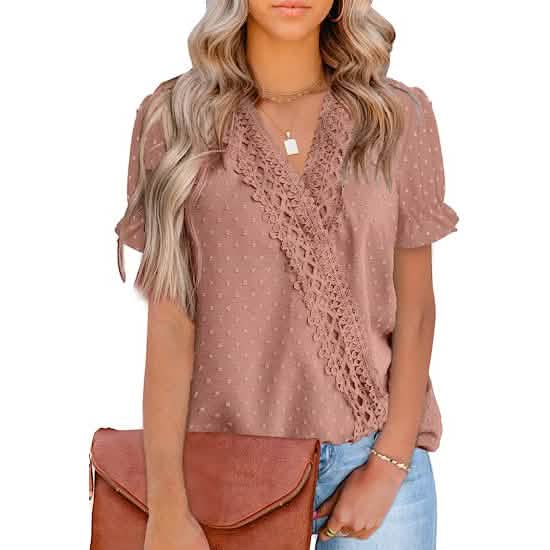 Women's Casual Lace Pom Pom V Neck Chiffon Short Sleeve Top DailySale