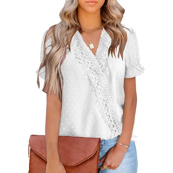 Women's Casual Lace Pom Pom V Neck Chiffon Short Sleeve Top DailySale