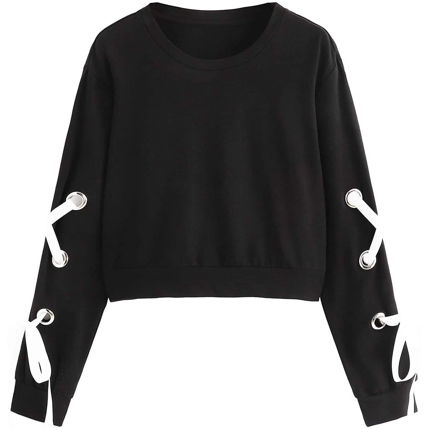 Women's Casual Lace-Up Long-Sleeved Pullover Crop Top Sweatshirt DailySale