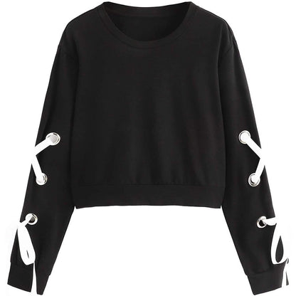 Women's Casual Lace-Up Long-Sleeved Pullover Crop Top Sweatshirt DailySale