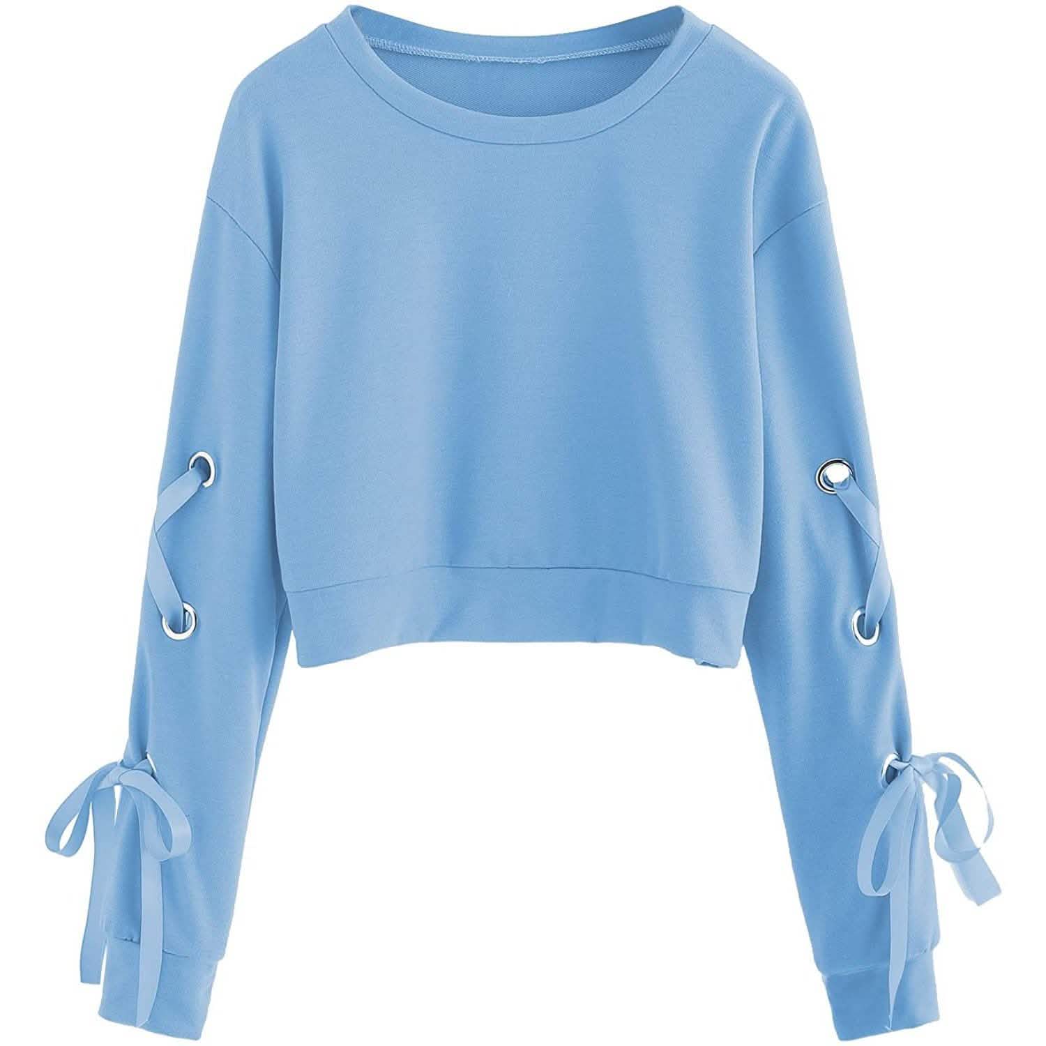 Women's Casual Lace-Up Long-Sleeved Pullover Crop Top Sweatshirt DailySale