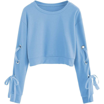 Women's Casual Lace-Up Long-Sleeved Pullover Crop Top Sweatshirt DailySale