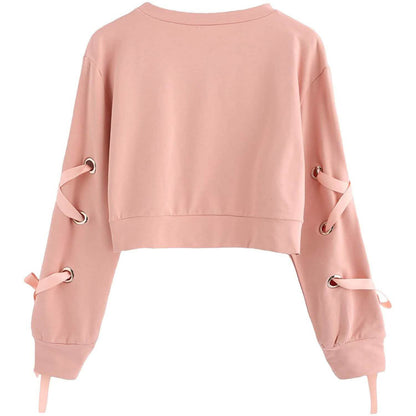 Women's Casual Lace-Up Long-Sleeved Pullover Crop Top Sweatshirt DailySale