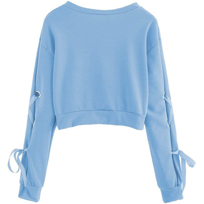 Women's Casual Lace-Up Long-Sleeved Pullover Crop Top Sweatshirt DailySale